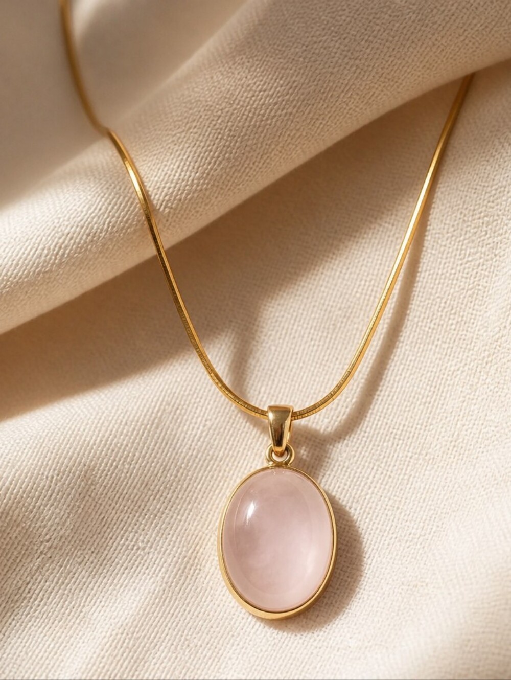 Oval Rose Quartz Gold Necklace, 18K Gold Plated Non-Tarnish Soft Pink Gemstone
